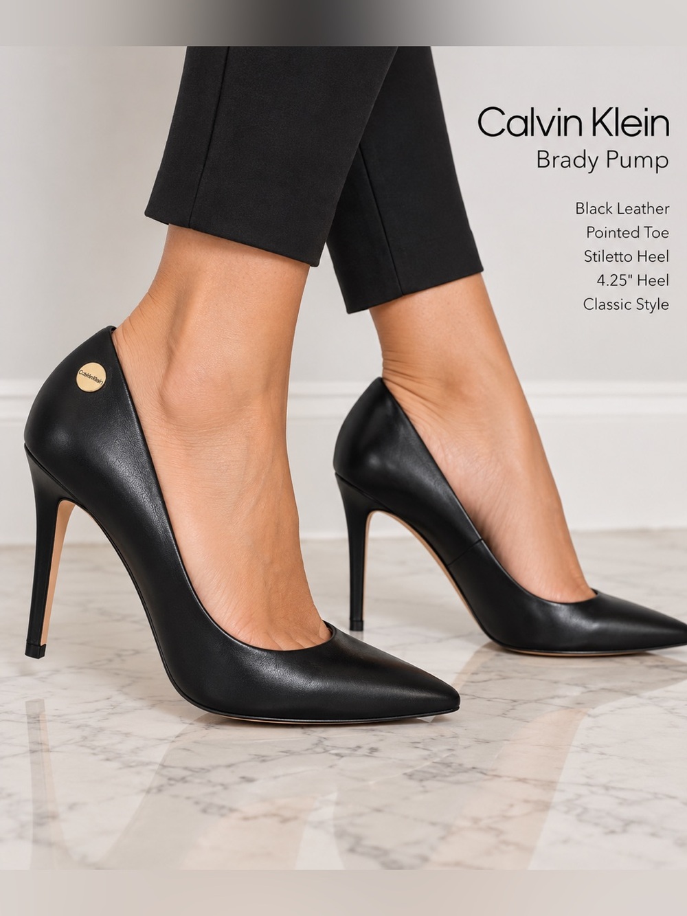 Calvin Klein Black Leather Pointed-Toe Pumps